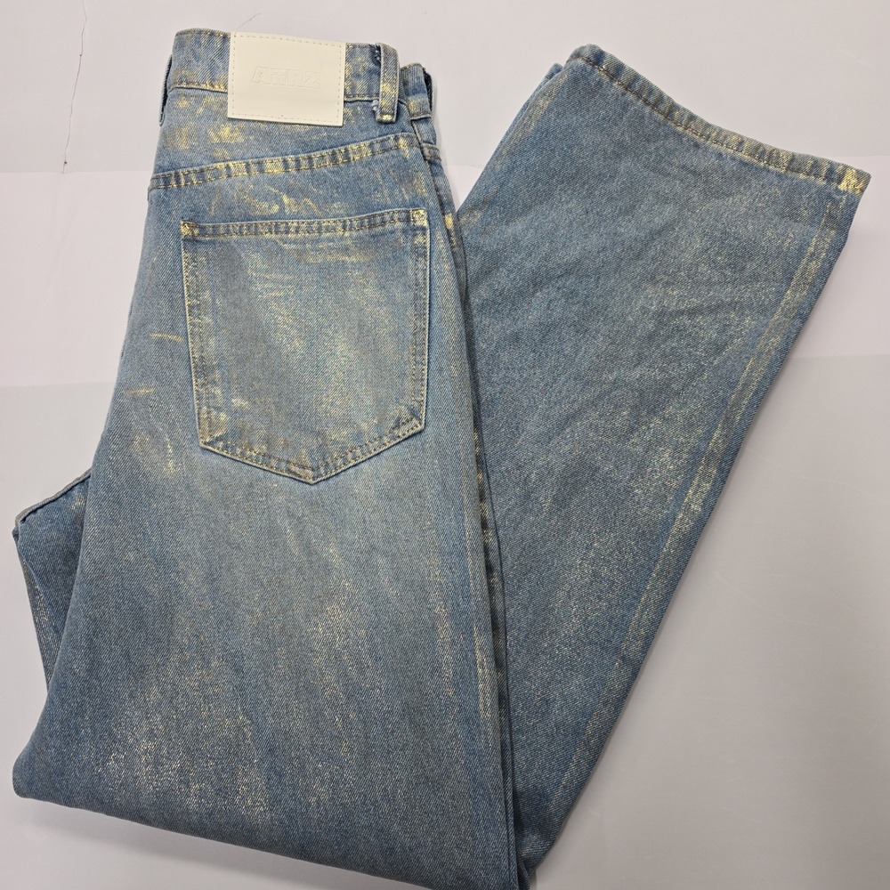 AFRZ Gold Metallic Coated Wide Leg Jeans Blue‎ Denim High Rise sz 25 Streetwear - Picture 4 of 8